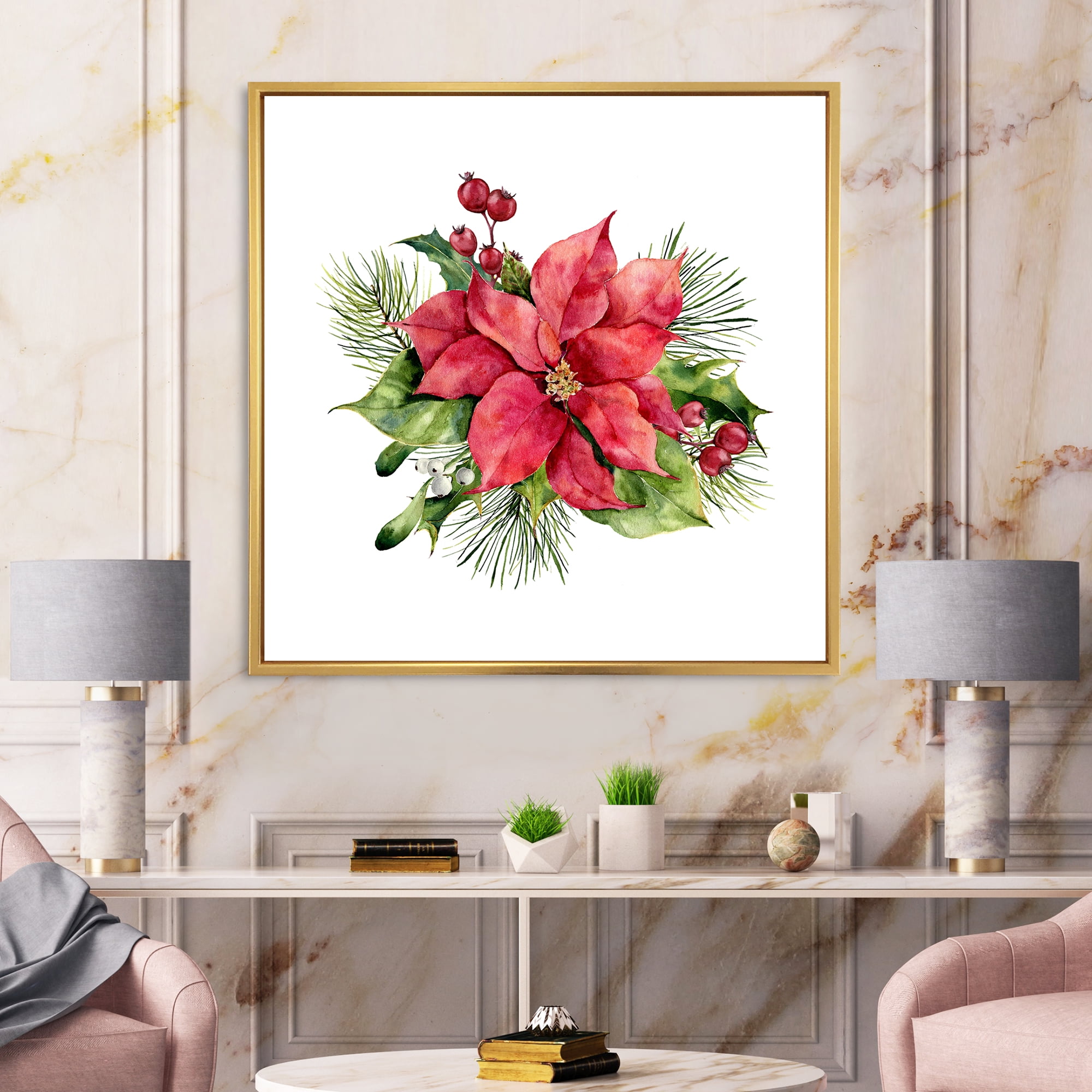 Christmas Fir Branch and Holly Mistletoe Berries I 16 in x 16 in Framed Painting Canvas Art Print, by Designart