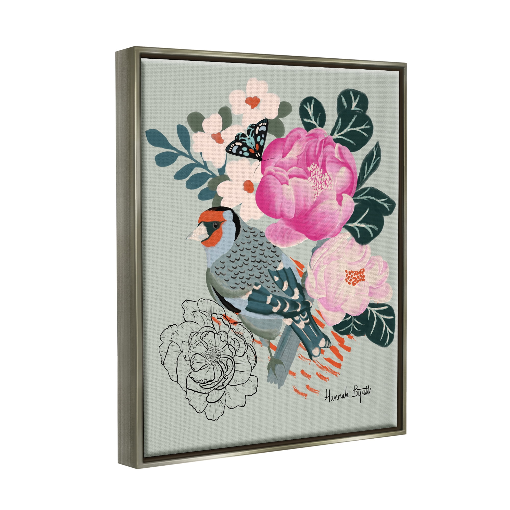 Stupell Industries Bird & Peonies on Green Animals & Insects Painting Gray Floater Framed Art Print Wall Art, 25 x 31