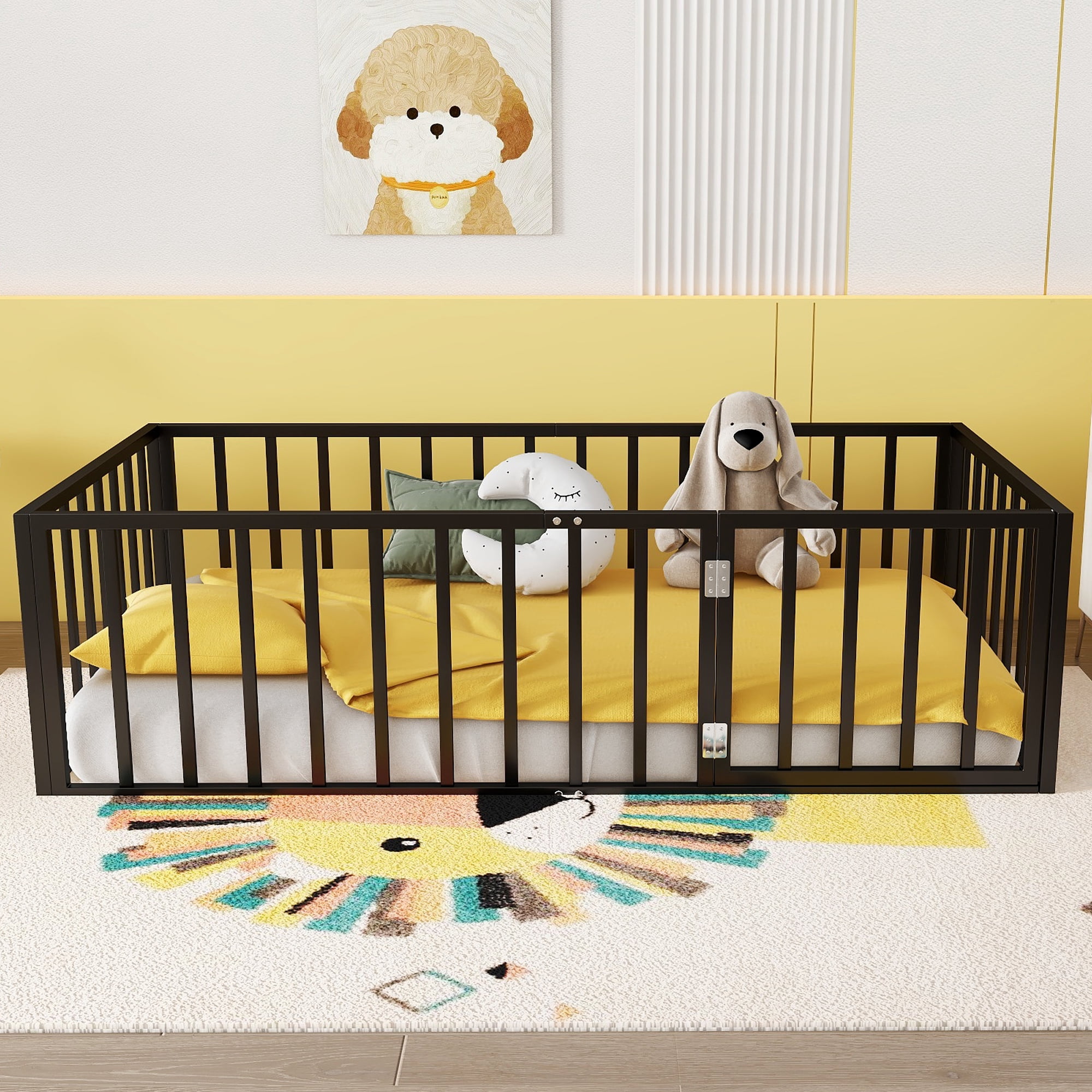 Bellemave Montessori Toddler Playful Twin Size Fence Rails Metal Floor Bed with Lockable Door, Black