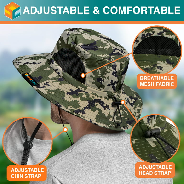 Fishing Hat for Men, Women  Hiking Hats with Wide Brim, Adjustable Chin  Strap UV Protection Bucket Sun Mesh Cap 