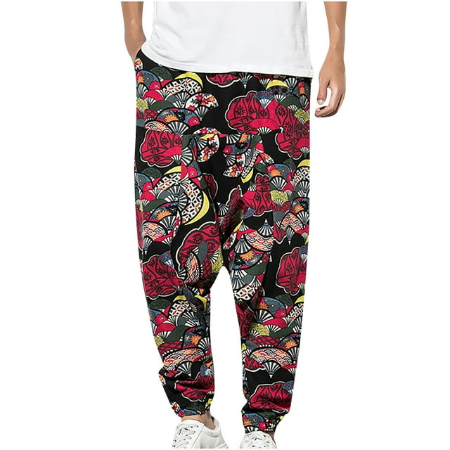 Leutsin Mens Casual Retro Printing Elastic Waist And Pockets Bloomers Loose Long Pants