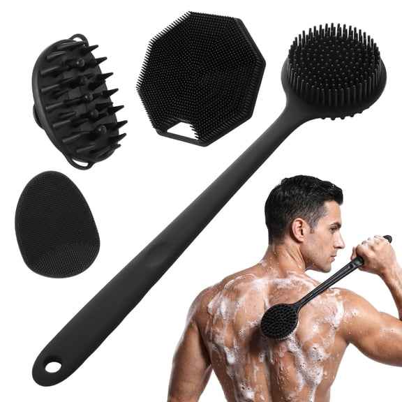 Abaima 4-Pack Silicone Shower Brush Set, 14" Long Handle Back Scrubber, Body, Head & Face Brushes, Gentle Exfoliating & Lathering Massage Combo for Men, Women, Home & Travel