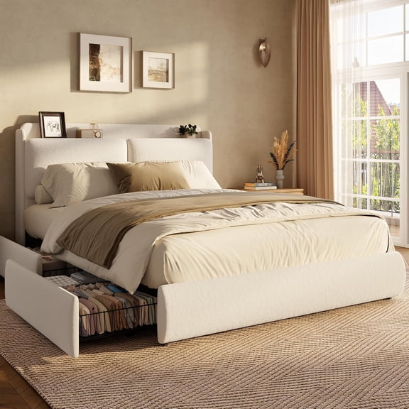 Upholstered Platform Bed Frame with Recessed Headboard Shelf, Chenille Fabric, Rounded Corners, Steel Support Frame, Noise-Reducing Design, No Box Spring Needed,Queen,Beige