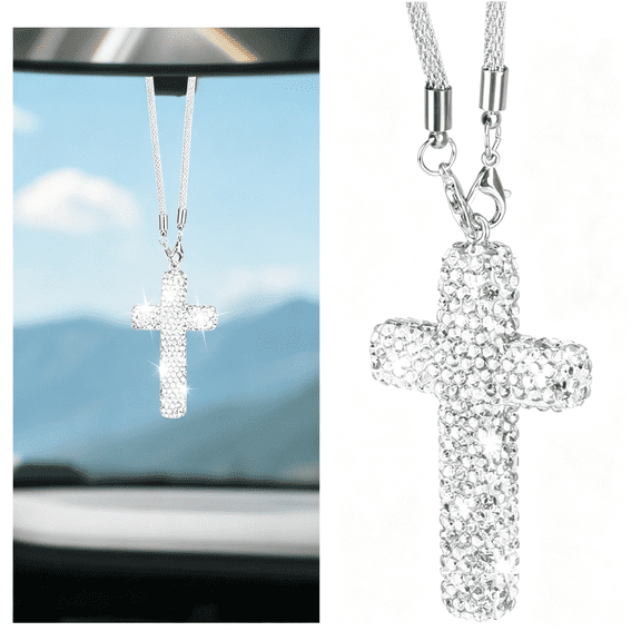 DESIGNICE Cross for Car Mirror Hanging,Bling Cars Pendant Charm,Car Accessories for Women,Double-Sided Diamond Christian Cross Rearview Mirror Accessories (Silver)