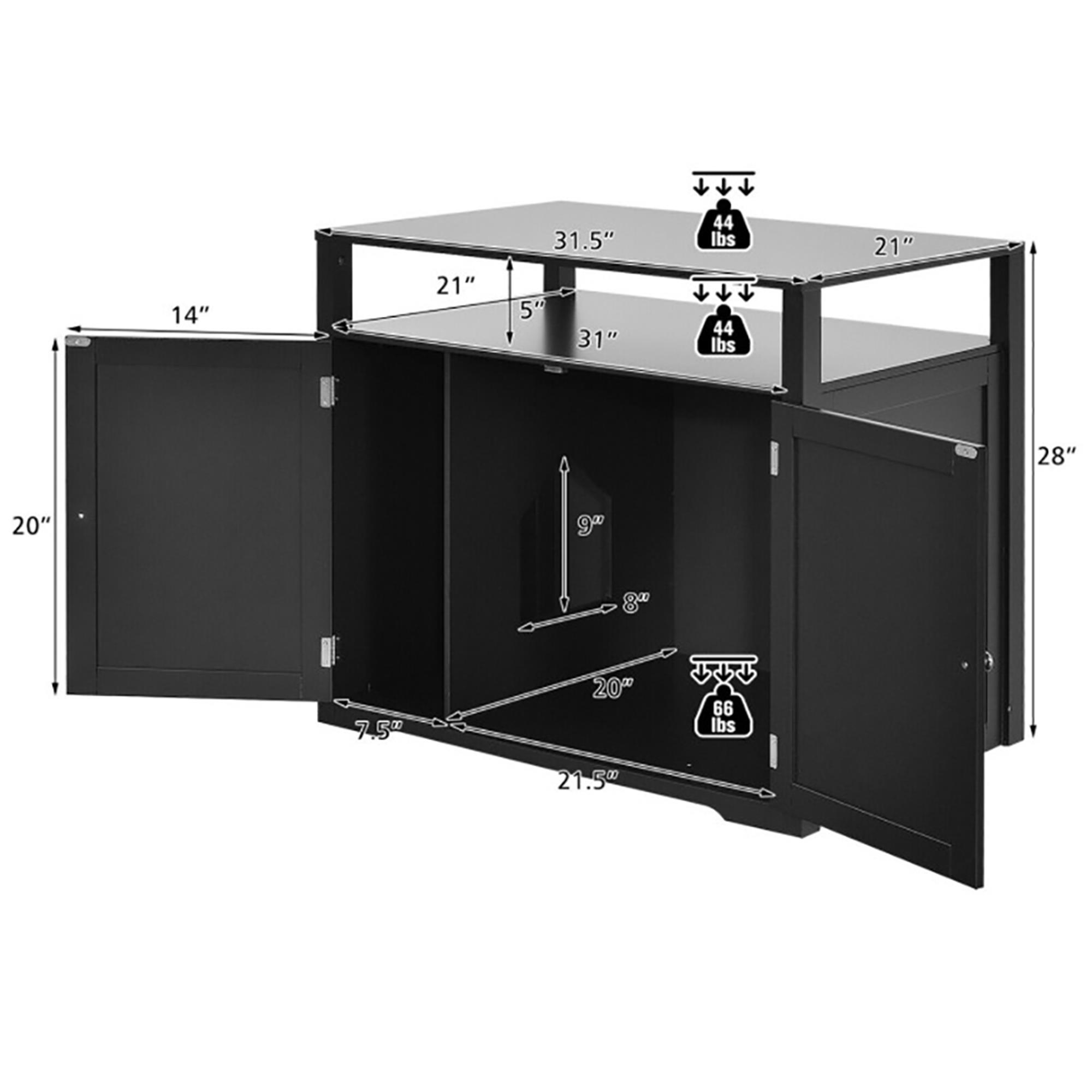 Kadyn 31" Cat Litter Box Enclosure Furniture, Cat Litter Box Cabinet Hidden with Storage Shelf, Cat House with Doors and Divider, Black