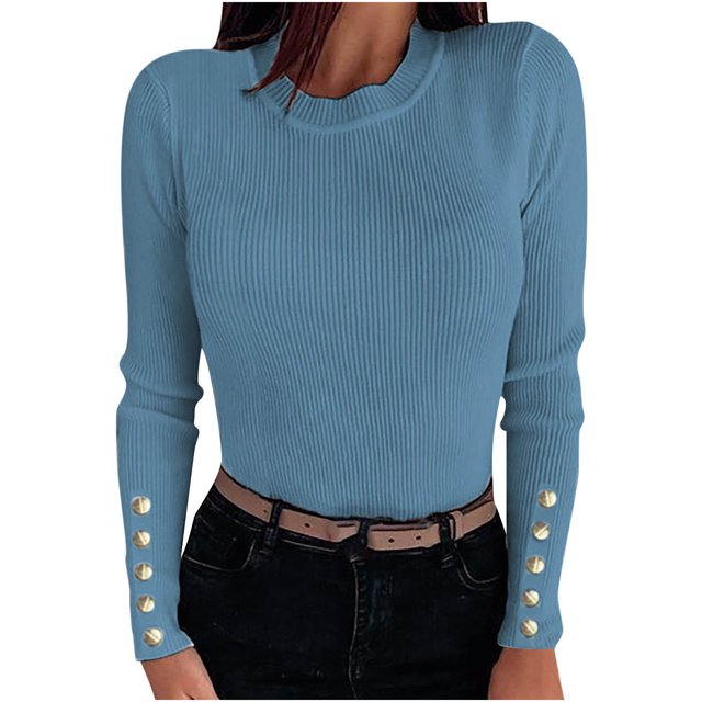 Suéteres Para Mujer Otoño Invierno Suéter Moda Casual Botón Cuello Redondo Manga Larga Color Sólido Tops Blusa Odeerbi ODB185691