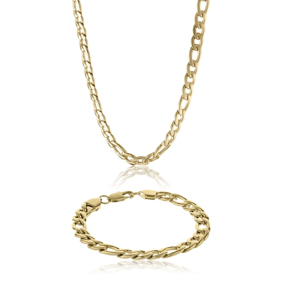 Metro Jewelry Thin Figaro Chain Necklace and Bracelet Set for Men in Stainless Steel with Gold Ion Plating 22 and 9 Inches 3 mm Lobster Claw Clasp Jewelry Set