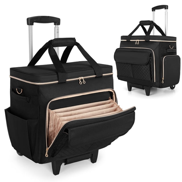 LUXJA Sac Roulant pour Enseignant avec Compartiment pour Ordinateur Portable et Porte-Documents Détachable, Mallette Roulante Multifonction avec Zone de Classement Accordéon (Breveté), Noir