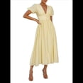thumbnail image 3 of Vestido Elegante de Fiesta Playera para Mujer, con Escote en V, Mangas Abullonadas y Botones. Amarillo S, 3 of 10