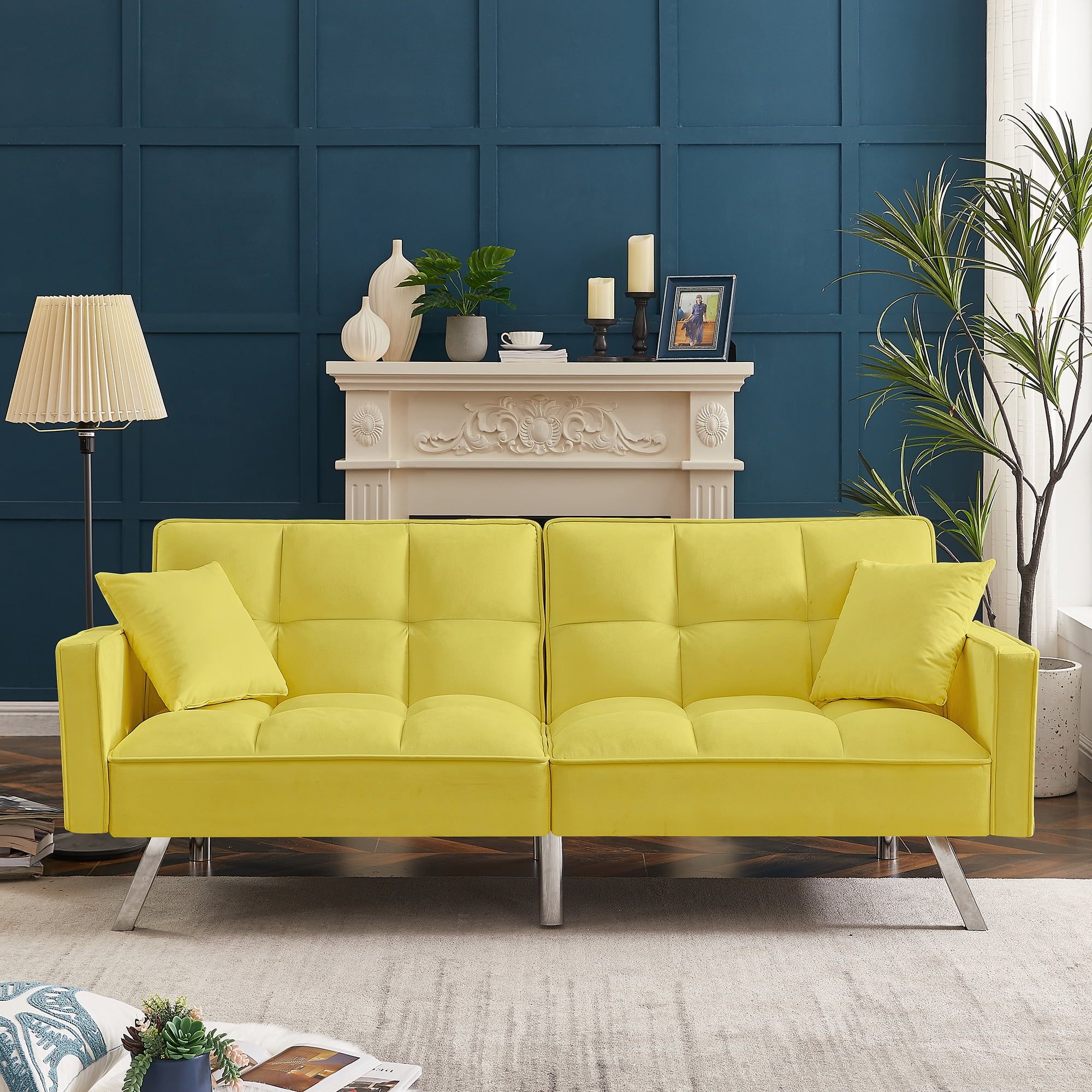Kepooman Modern Convertible Velvet Futon Couch with 2 Pillows for Office Living Room Bedroom, Yellow Kepooman Modern Convertible Velvet Futon Couch with 2 Pillows for Office Living Room Bedroom, Yellow