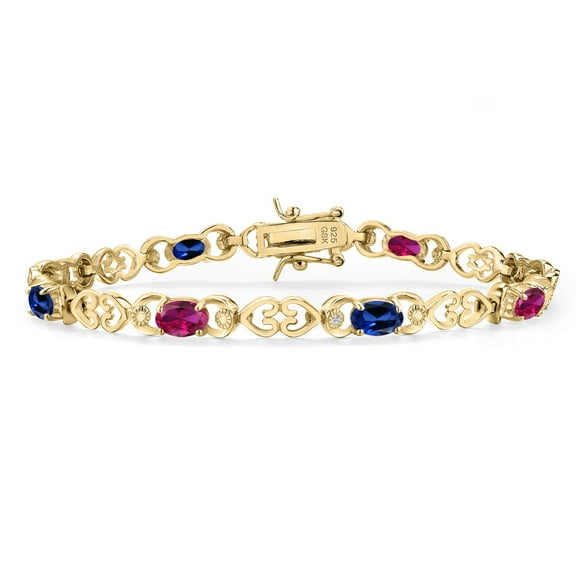 18K Yellow Gold Plated Silver Red Created Ruby and Blue Created Sapphire and Lab Grown Diamond Bracelet for Women | 4.41 Cttw | Gemstone July Birthstone | Oval 6X4MM | Length 7.25 inches