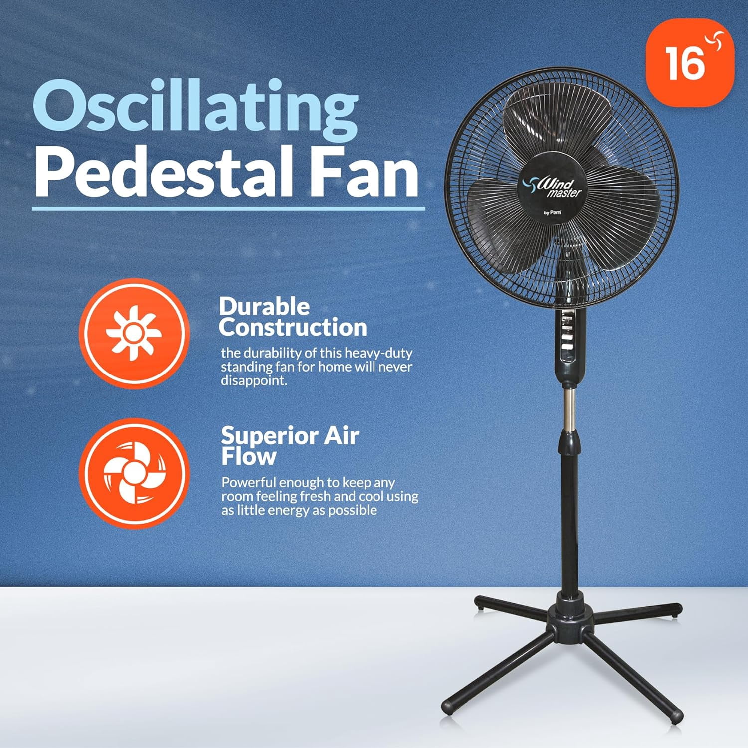 PAMI 16 Inch Oscillating Pedestal Fan, 3 Speeds Adjustable Height Tilt Electric Stand Up Fan for Bedroom Home Office, Black