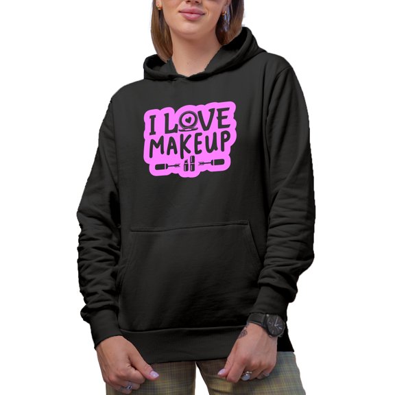 I Love Makeup Quote with Compact Powder, Beauty Themed Merch Gift for Makeup Artist or Lovers, Cosmetologists & Beauticians, Black Hooded Sweatshirt or Hoodie, Small