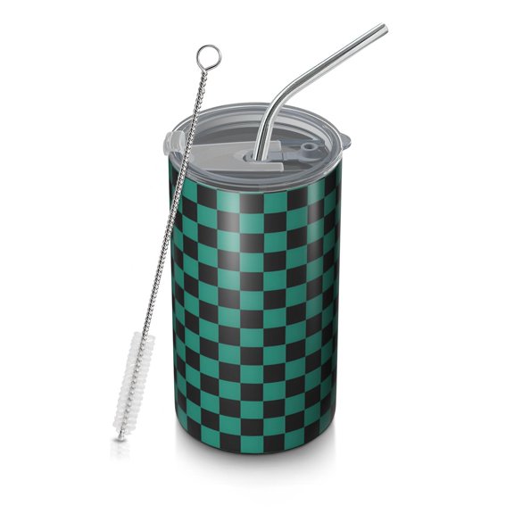 20oz Coffee Tumblers Teal and Black Checkerboard Pattern Stainless Steel Vacuum Insulated Travel Tumbler Coffee Cups Mug with Lid and Straw with Cleaning Brush for Cold & Hot Drinks