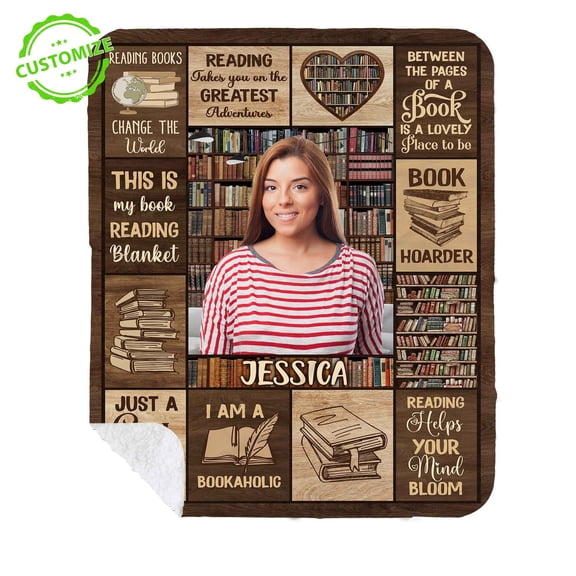 Customizaholic Personalized Book Lover Photo Blanket – Custom Name Reading Theme, Cozy Library Quote Throw, Bookaholic Gift