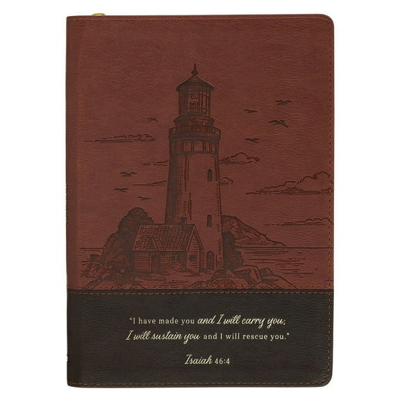 Christian Art Gifts Inspirational Zippered Journal, I Will Carry You Wide Ruled Notebook, Isa. 46:4 Bible Verse, Brown Vegan Leather Lighthouse, 336 Lined Pages w/scripture, (9” x 6.4” x .9”)