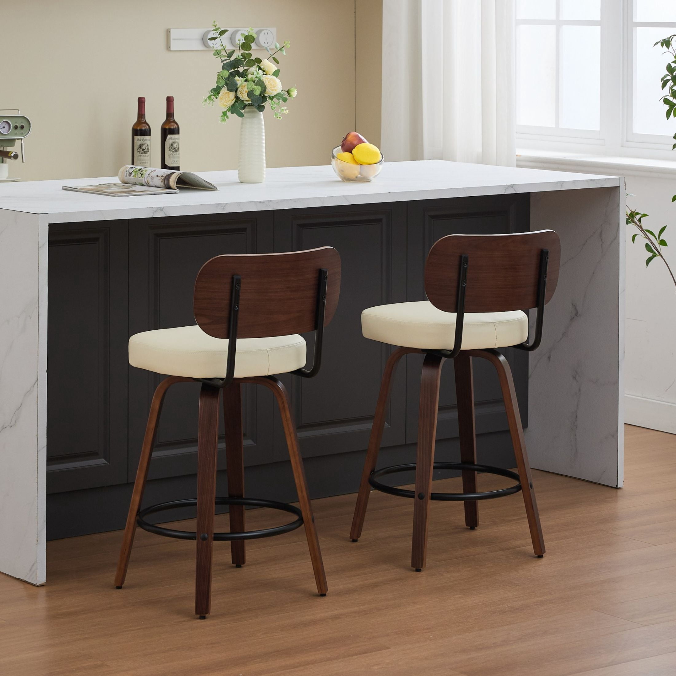 Noble House Set of 2 Swivel Bar Stools, Faux Leather Seat, Bentwood Frame, Walnut + Beige