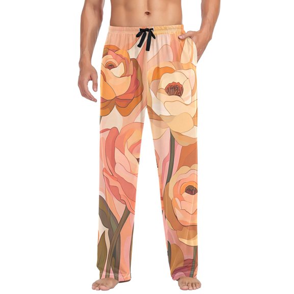 FORMRS Mens Pajama Pants with Pockets Soft Cotton Sleepwear Lounge Bottoms, Sizes S-2XL, Abstract Orange Flowers