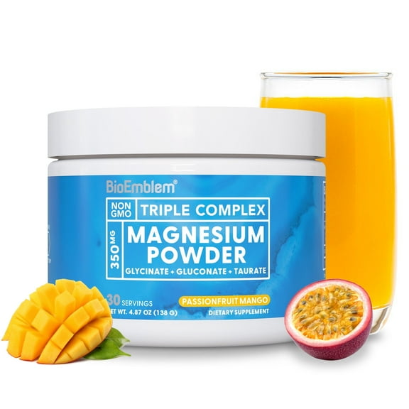 BioEmblem Triple Magnesium Powder – High Absorption 350mg Magnesium Glycinate, Gluconate, Taurate Plus GABA – Vegan Passionfruit Mango Flavor Drink – Promotes Sleep – 30 S