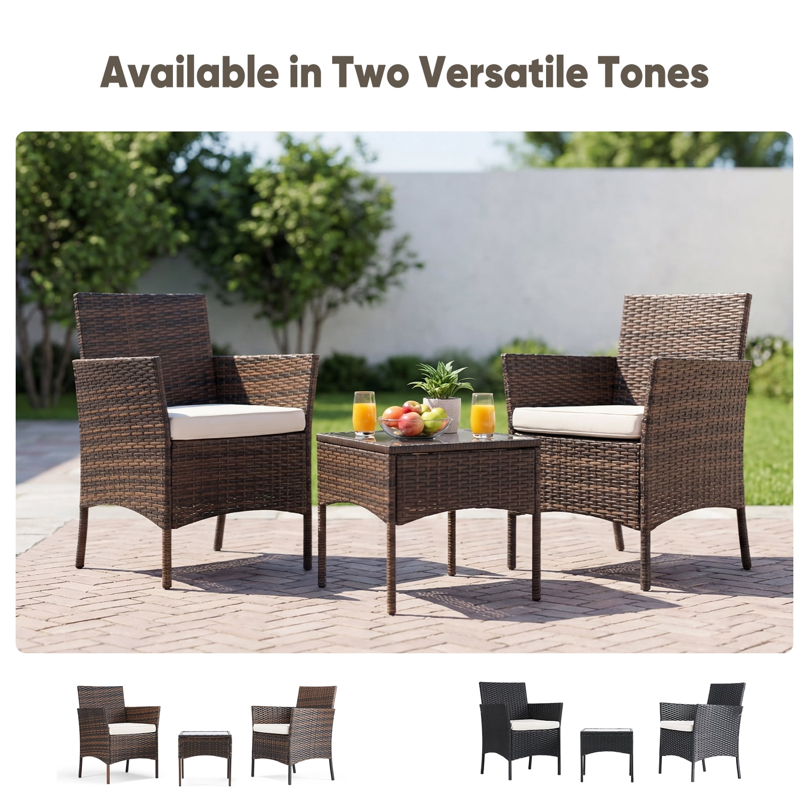 SHOUFTW 3-Piece Patio Furniture Set, Wicker Outdoor PE Rattan Furniture with Coffee Table & Washable Cushion, Compact Bistro Conversation Seating for Balcony, Garden, Poolside, Porch, Brown