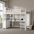 thumbnail image 3 of Tcbosik Loft Bed Queen Size with Wardrobe and Writing Desk, Open Shelves and Storage Cabinet, Bed Frame with Built-in Ladder and Full Length Guardrail, Wood Slats Support, White, 3 of 9