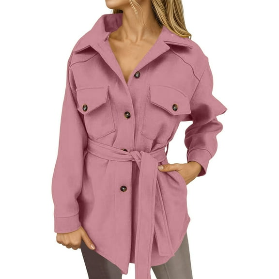 Womens Trench Coats Lapel Button Down Peacoat with Belted Woolen Jackets Pink XL