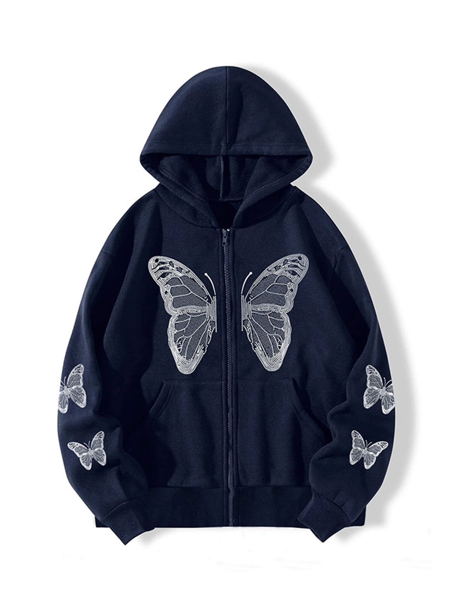 Blue Polka Dots Butterfly Print Women's Zip Up Hoodie