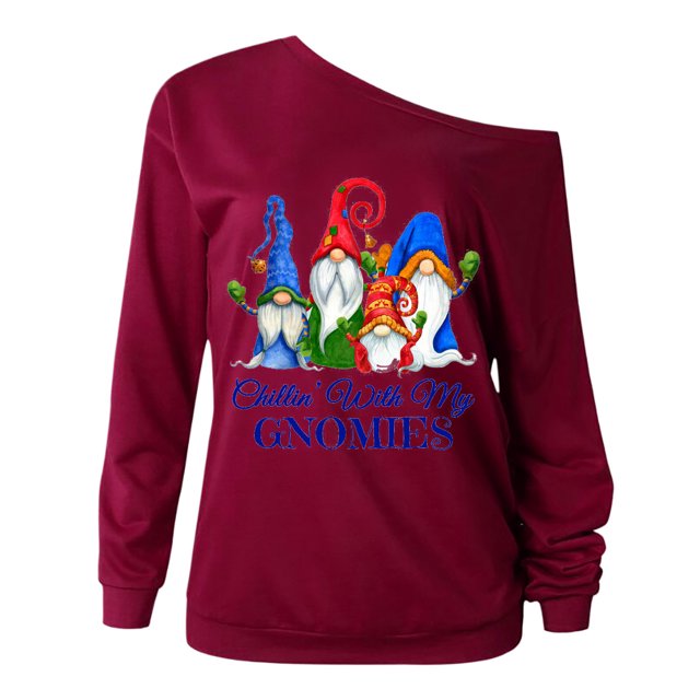 Pntutb Mujeres Un Hombro Manga Larga Estampado de Navidad Tops cómodos Pntutb Pntutb-4228