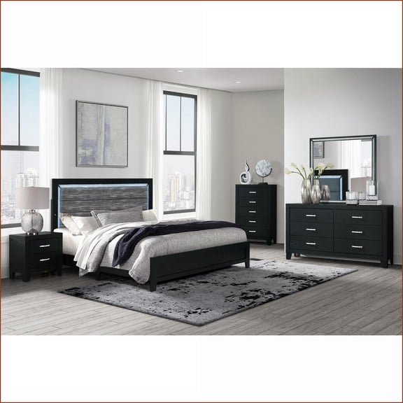 Queen 5-Piece Modern Bedroom Set with Upholstered Headboard & LED Lights | Black | Combo Dressers