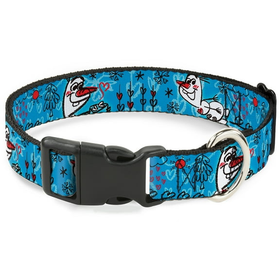 Disney Pet Collar, Dog Collar Plastic Buckle, Olaf Heart Raindrop Sketch Blues Black, 16 to 23 Inches 1.5 Inch Wide