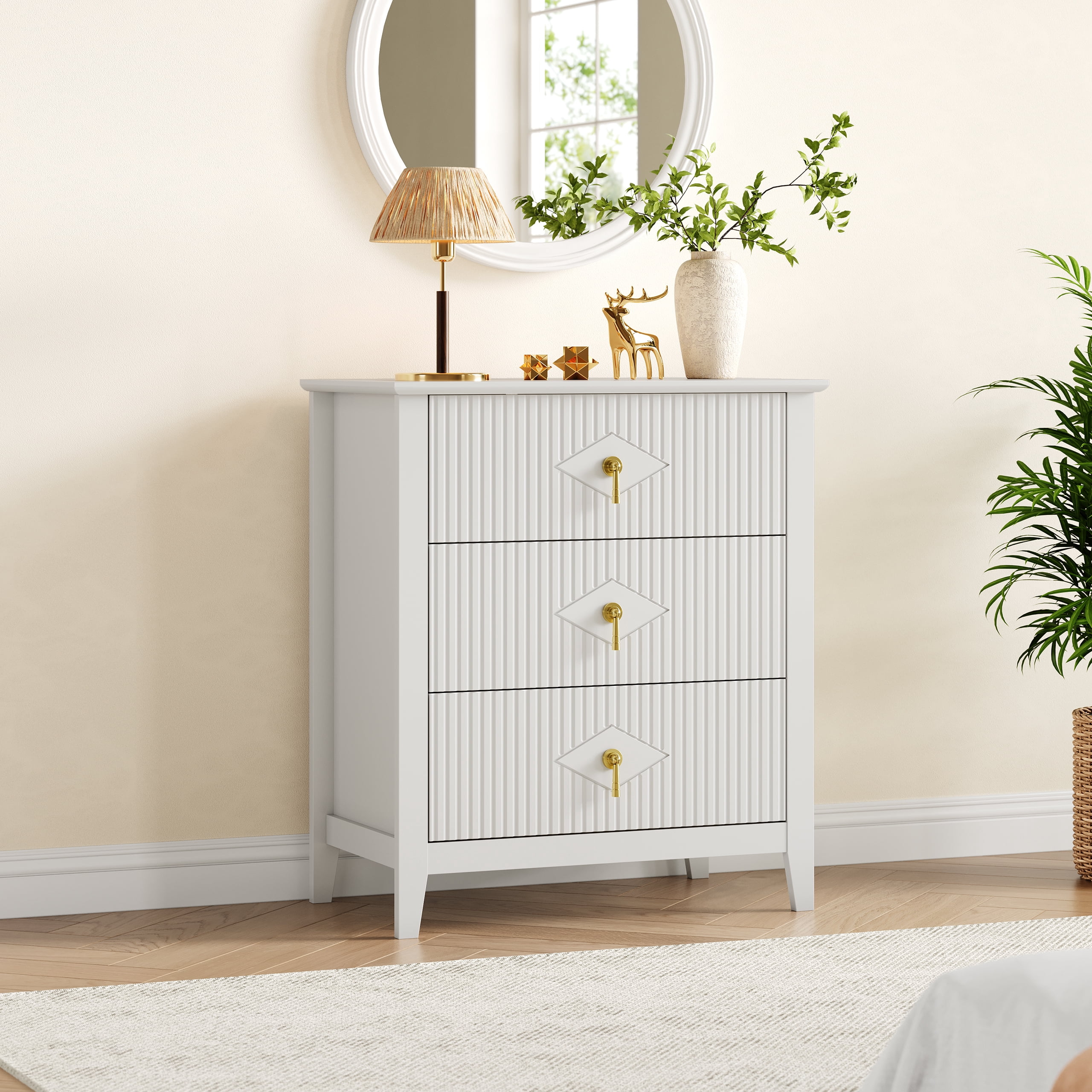 White Fluted Dresser for Bedroom, 32 Inch Wide Nightstand with Large Drawer, 3 Drawer End Table for Bedroom, Living Rooms, Offices, and Entryways