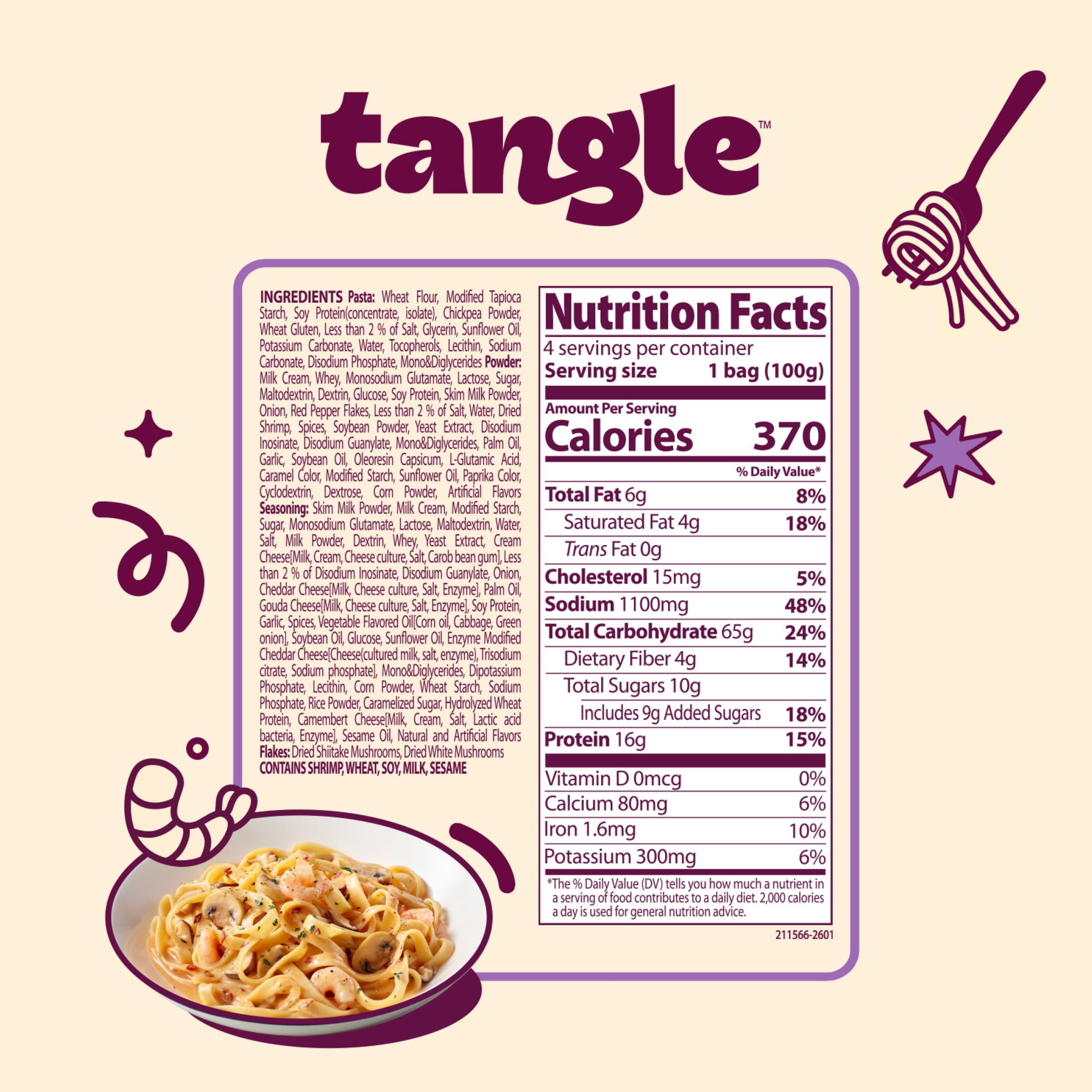 Tangle Garlic Shrimp Instant Pasta, 4 Pack, 3.52 oz Bags