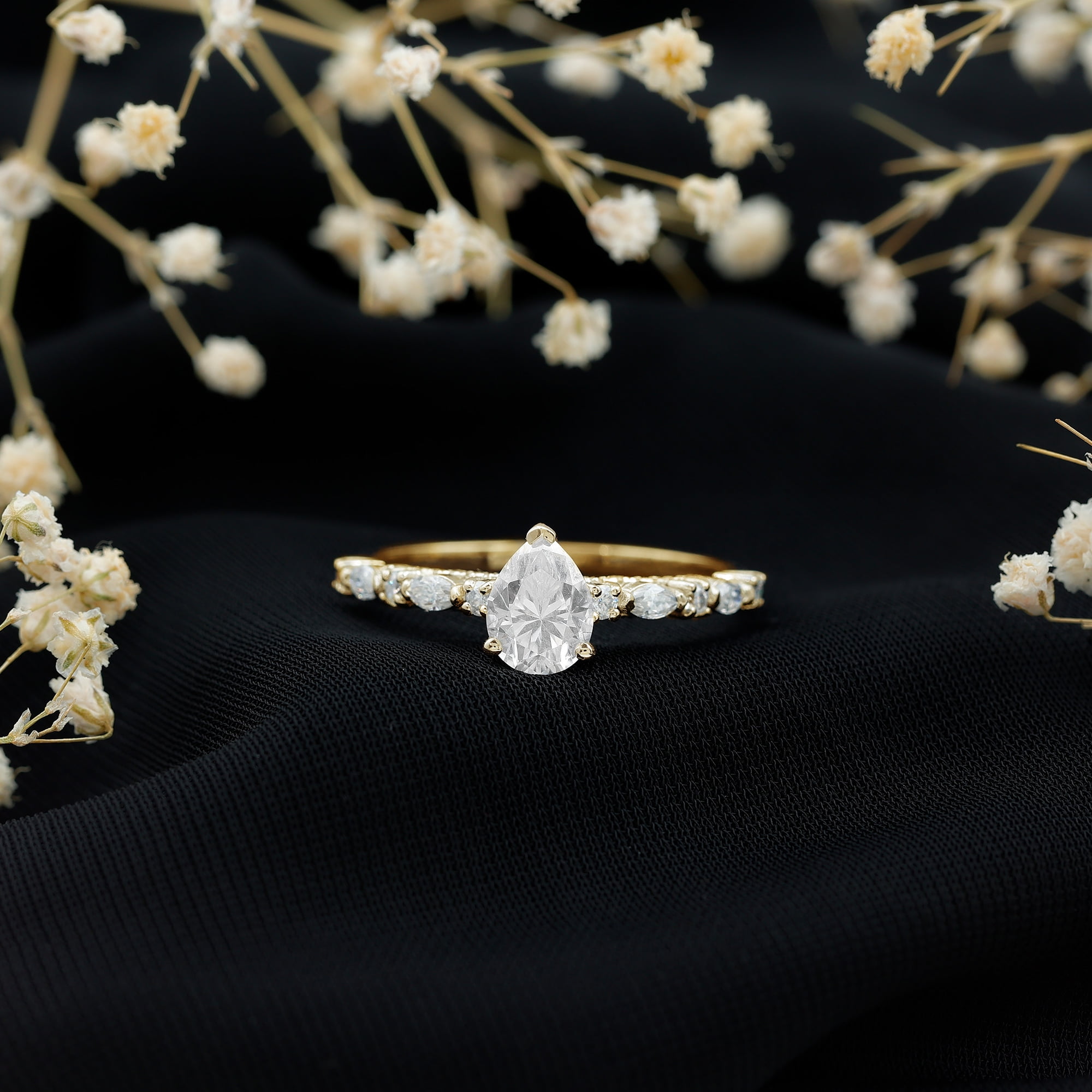 Rosec Jewels Pear Shaped Moissanite Solitaire Engagement Ring for Women - 1 Ct - 6X8 mm - D-VS1 Grade, 14K Yellow Gold, US 4.00