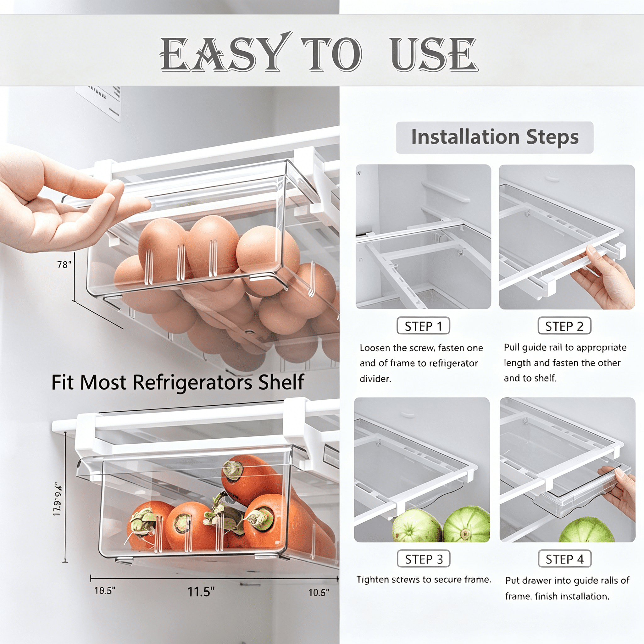 ACDANC 2026 New Fridge Drawer Organizer,Refrigerator Organizer Bins,Egg Holder Tray for Refrigerator,Pull Out with Handle,Fridge Shelf Holder Storage Box,Fridge Kitchen Cabinet Pantry for Food,Drinks