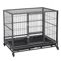43'' Rolling Dog Crate Metal Large Dog Cage Kennel Feeding Door w/Tray Black
