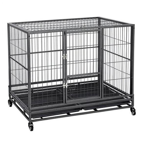 43'' Rolling Dog Crate Metal Large Dog Cage Kennel Feeding Door w/Tray Black
