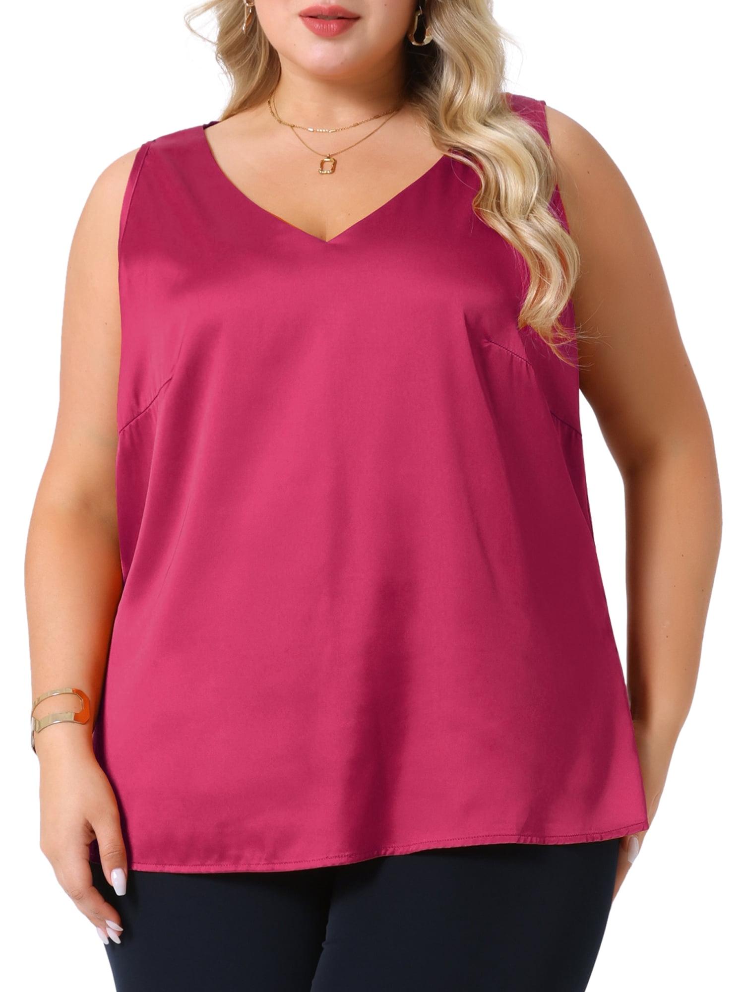 DARING DIVA Women's Plus Casual Silk Satin Tank Top V Neck Cami Blouse 3X Brick Red