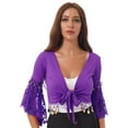 thumbnail image 2 of Zaldita Womens Belly Dance Tassel Coin Lace-Up Shawl Crop Tops Flare Sleeve Cardigan Dark Purple XL, 2 of 7