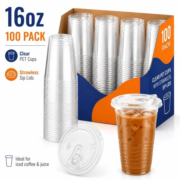 Clear PET Disposable Plastic Cups, 16oz, 100 Count