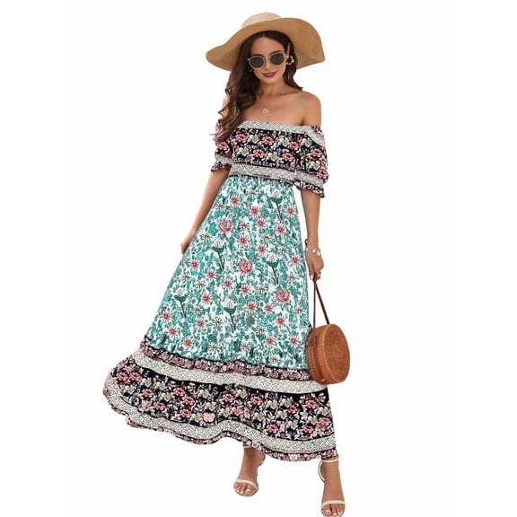 Women'S Summer Off Shoulder Boho Floral Print Tiered Casual Flowy Long Maxi Dress Light Green S