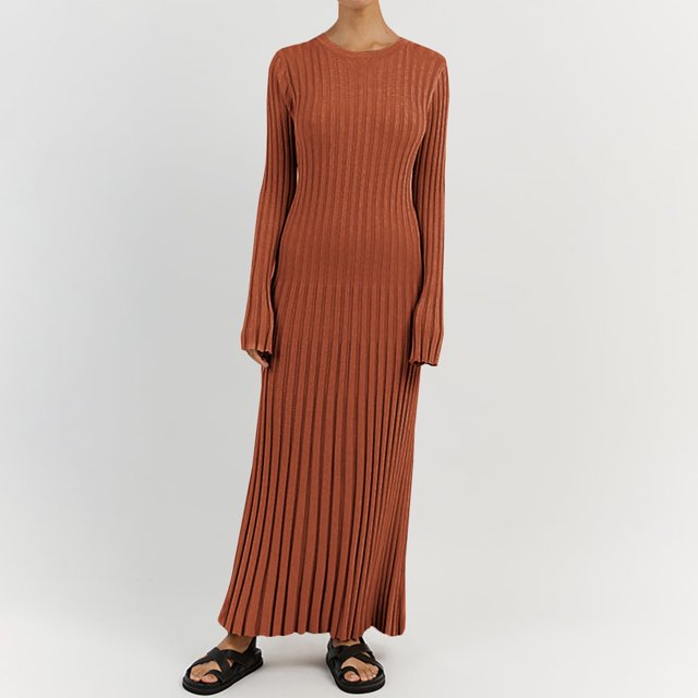 Robes pour Femmes Décontractées Col Rond Manches Longues Robes Couleur Unie Taille Enveloppée Fesses Nouées Robe Longue