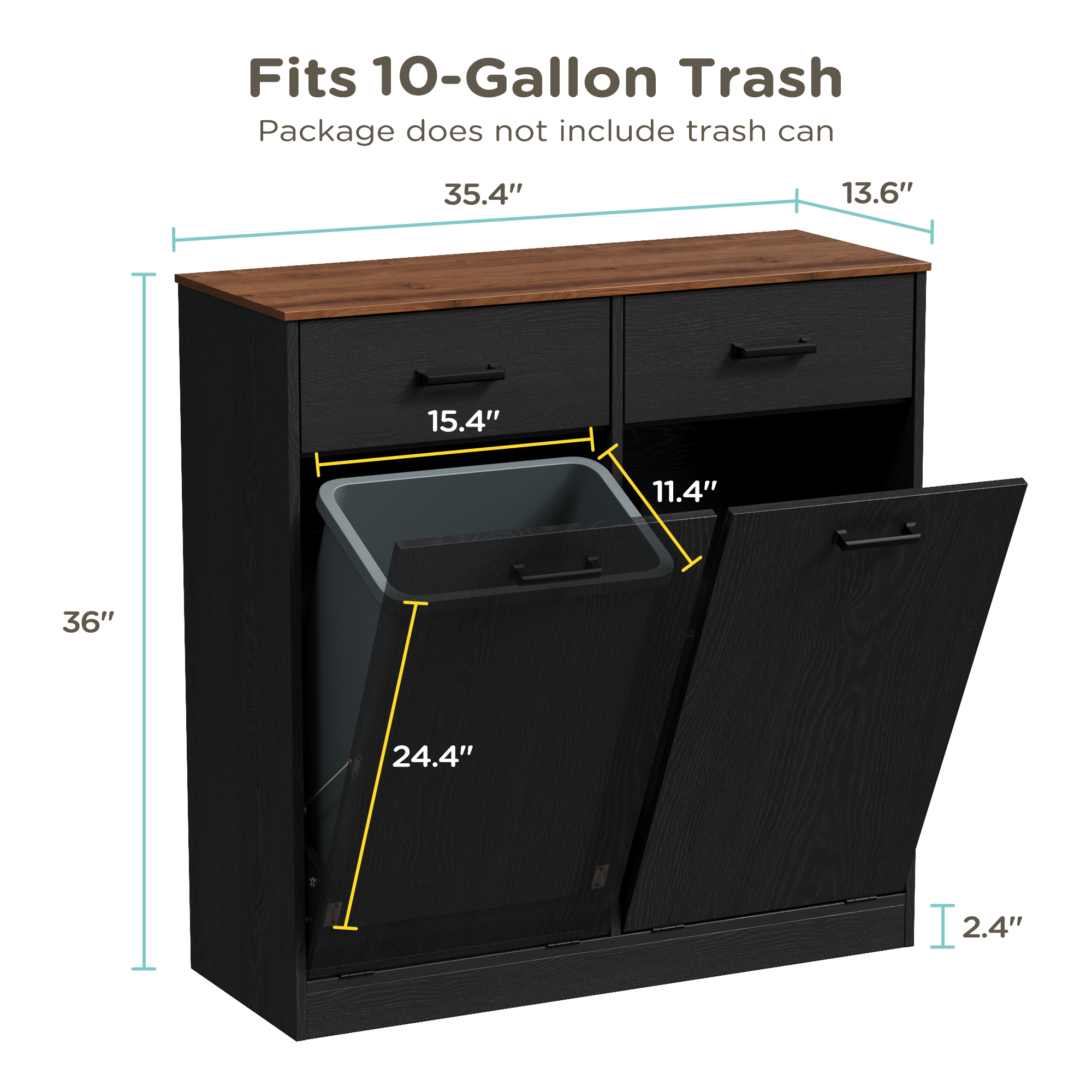 DIYART Farmhouse Double Tilt Out Trash Can Cabinet fits 10 Gallon Trash Bin, Kitchen Recycling Cabinet with 2 Drawers, Hidden Garbage Can Storage for Kitchen & Dining Room, Antique Black