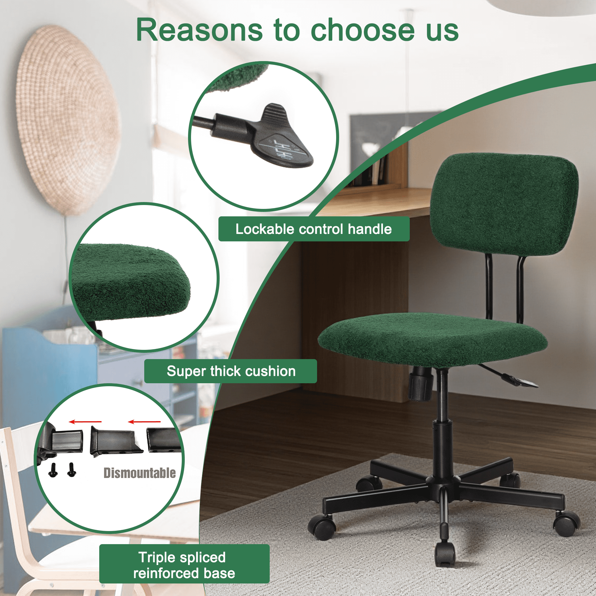 JJS Low Back Velvet Fabric Armless Home Office Computer Chair in Green