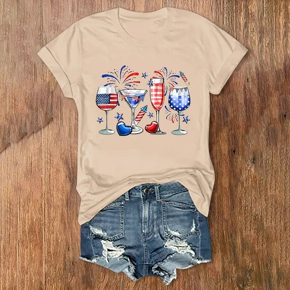 Women's Short Sleeve T-shirt Women'S Patriotic Graphic T-Shirt - 4Th Of July Firework Print Soft Breathable Daily Wear Top,Beige Women's Short sleeve T-shirt L