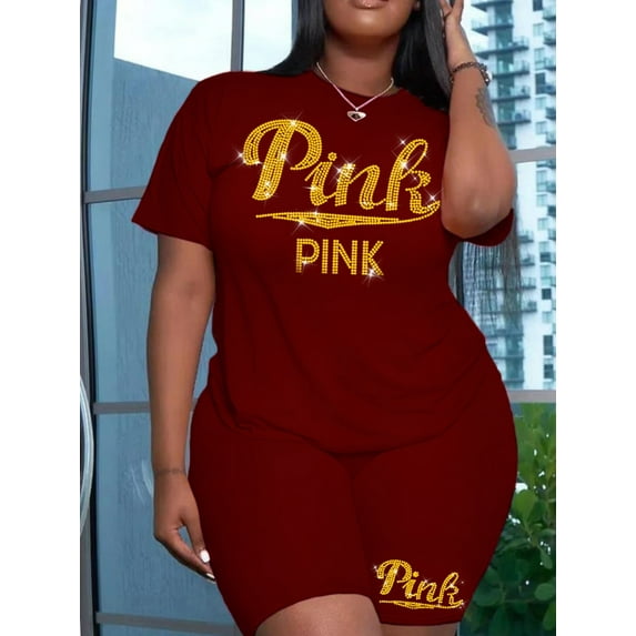 LovelyWholesale Women's Plus Size Rhinestone Pink Letter Shorts Set