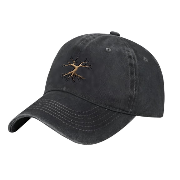 Adjustable Vintage Cotton Washed Distressed Baseball Cap for Men & Women - Black Denim with Golden Tree Emblem Design
