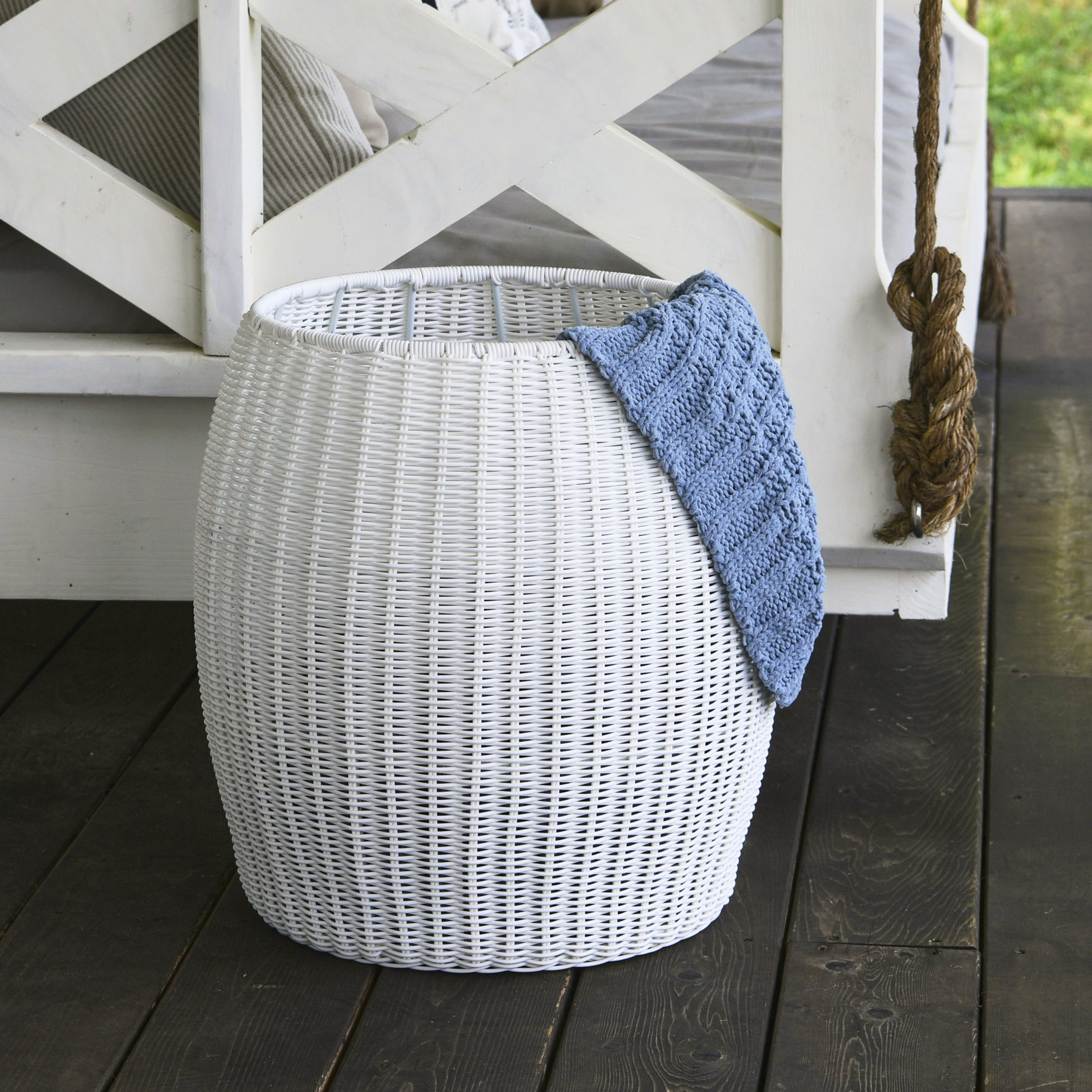 Household Essentials Handwoven Resin Barrel Side Table, White