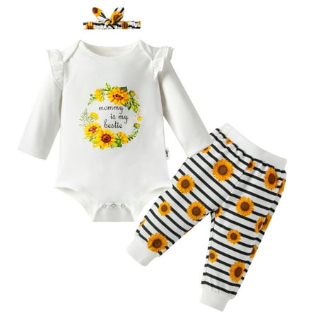 

Synpos Baby Girl Bodysuit Newborn Ruffled Sunflower Romper+Striped Pants+Heaband Set