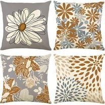 Brown Decorative Throw Pillow Covers 18x18 Set of 4, Brown and Grey Modern Daisy Floral Pillows Linen Pillow Covers for Couch Sofa Living Room