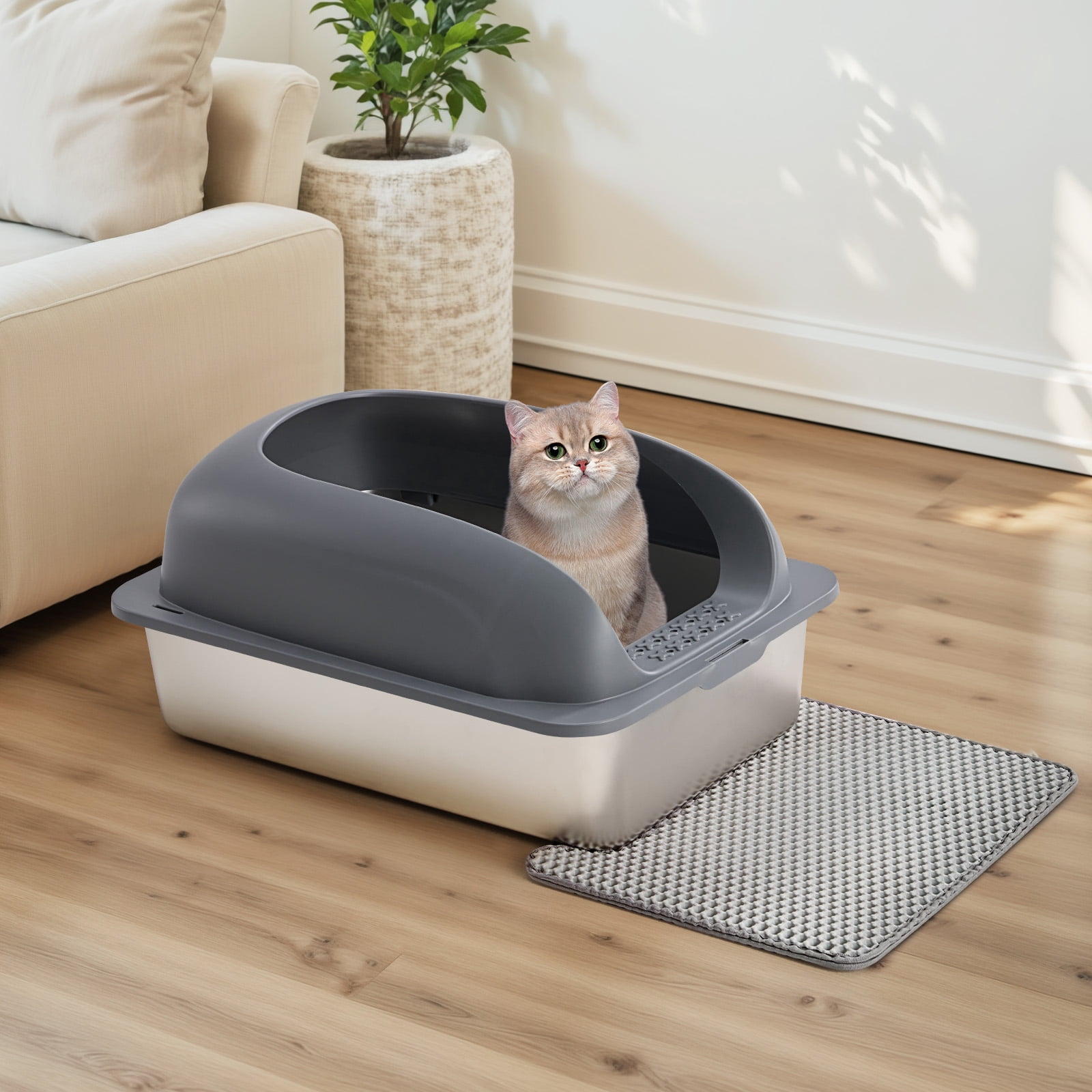 CONCETTA 24in Stainless Steel Cat Litter Box with Lid, Large Cat Litter Box for Cats, High Wall Sides, Anti-Urine Leakage, Easy Cleaning, Scoop and Mat Included, Dark Grey